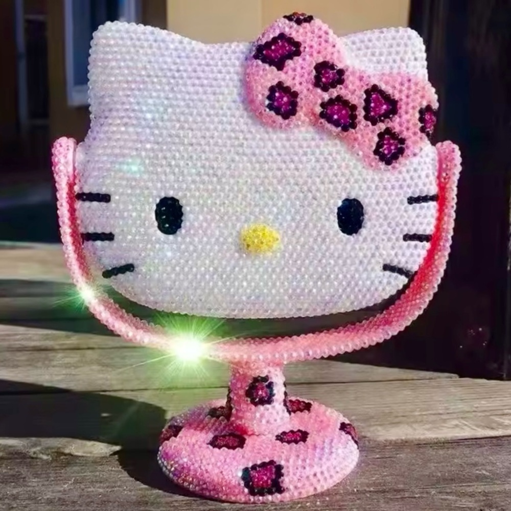 Hello Kitty Rhinestone Glam Vanity Makeup Beauty Mirror Girly Decor Pink Leopard